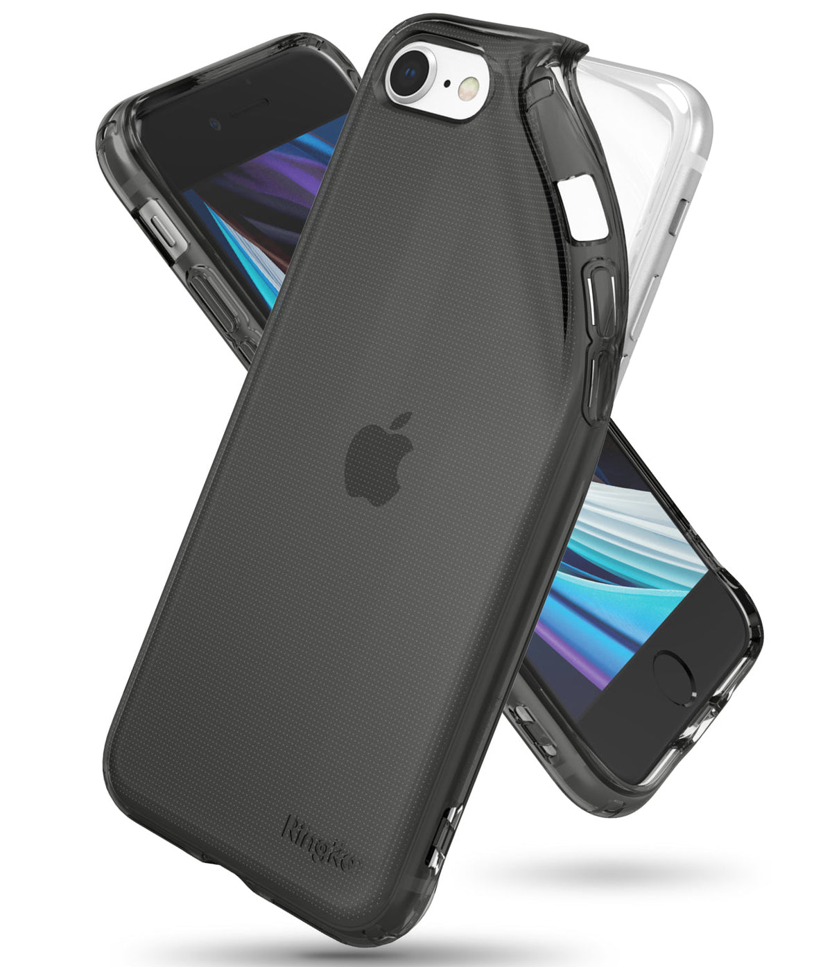 iPhone SE 2022 5G / SE 2020 / 8 Case | Air - Two iPhones in clear and matte black protective cases angled against each other.