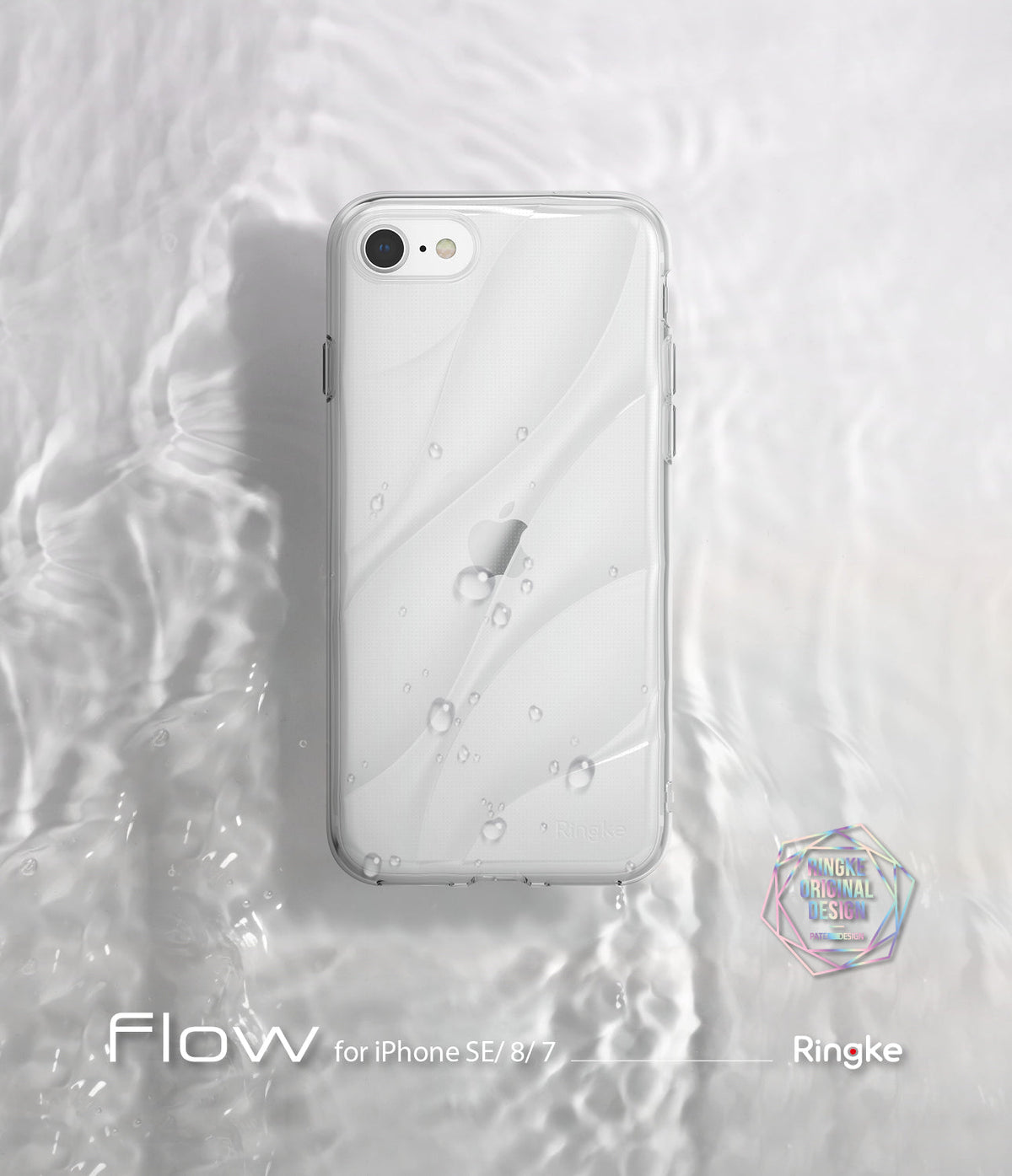 iPhone 8 / 7 / SE 2020 Case | Flow - Clear phone case with wavy design resting on a rippling water surface.