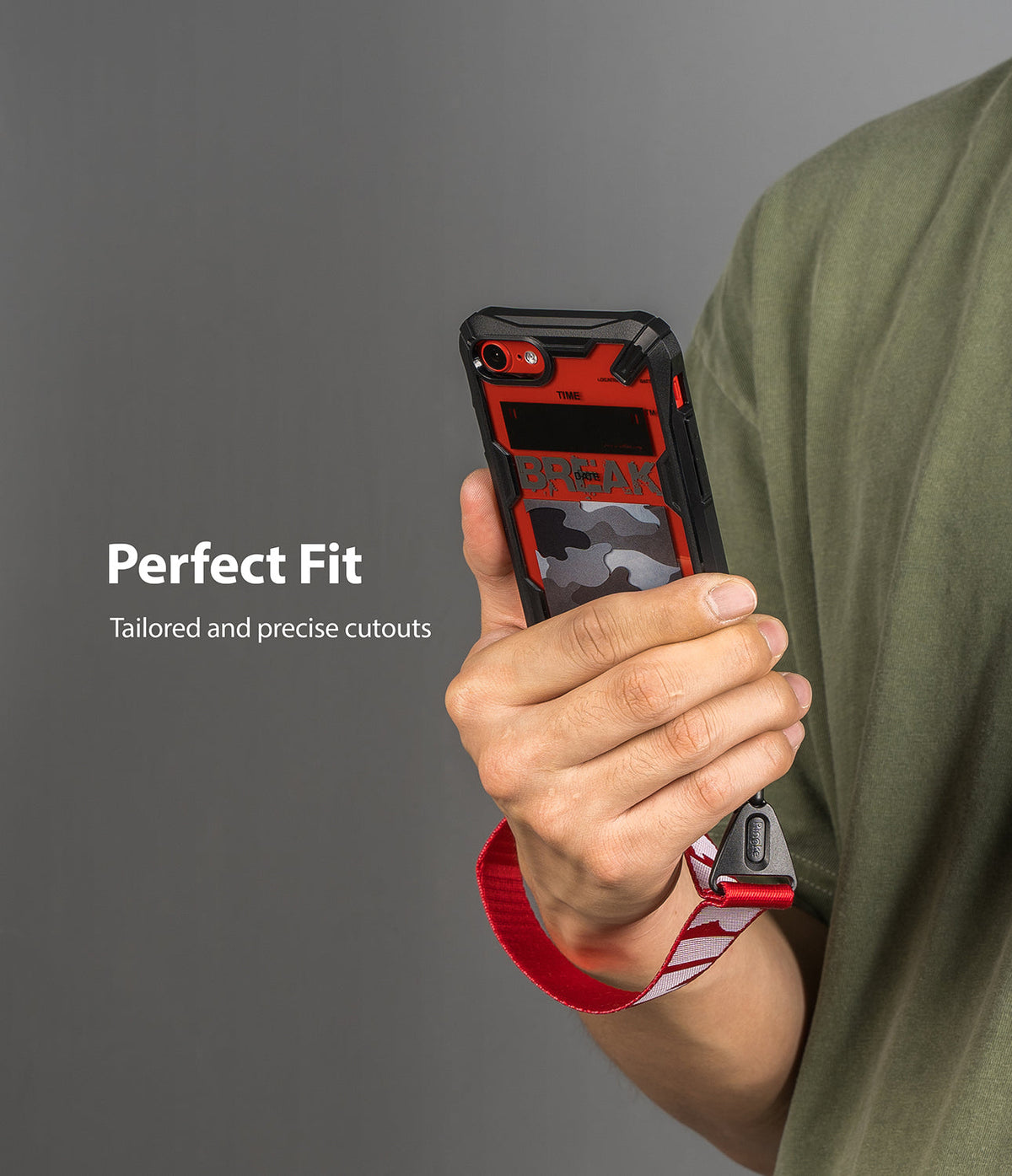 iPhone SE 2022 5G / SE 2020 / 8 Case | Fusion-X Design - Hand holding phone in red and black camo case with wrist strap.