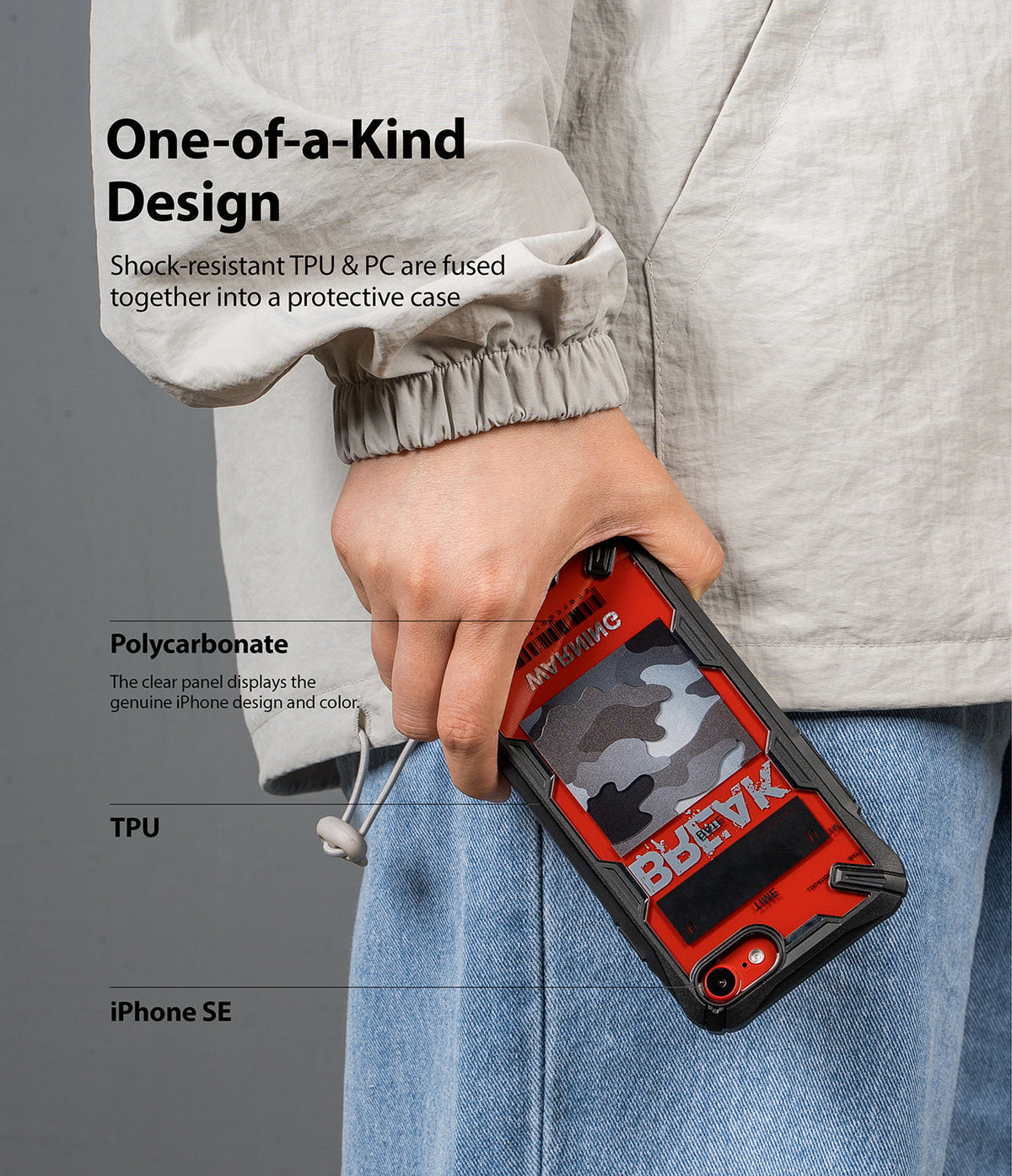 iPhone SE 2022 5G / SE 2020 / 8 Case | Fusion-X Design - Hand holding a red and black camo phone case with text overlays.