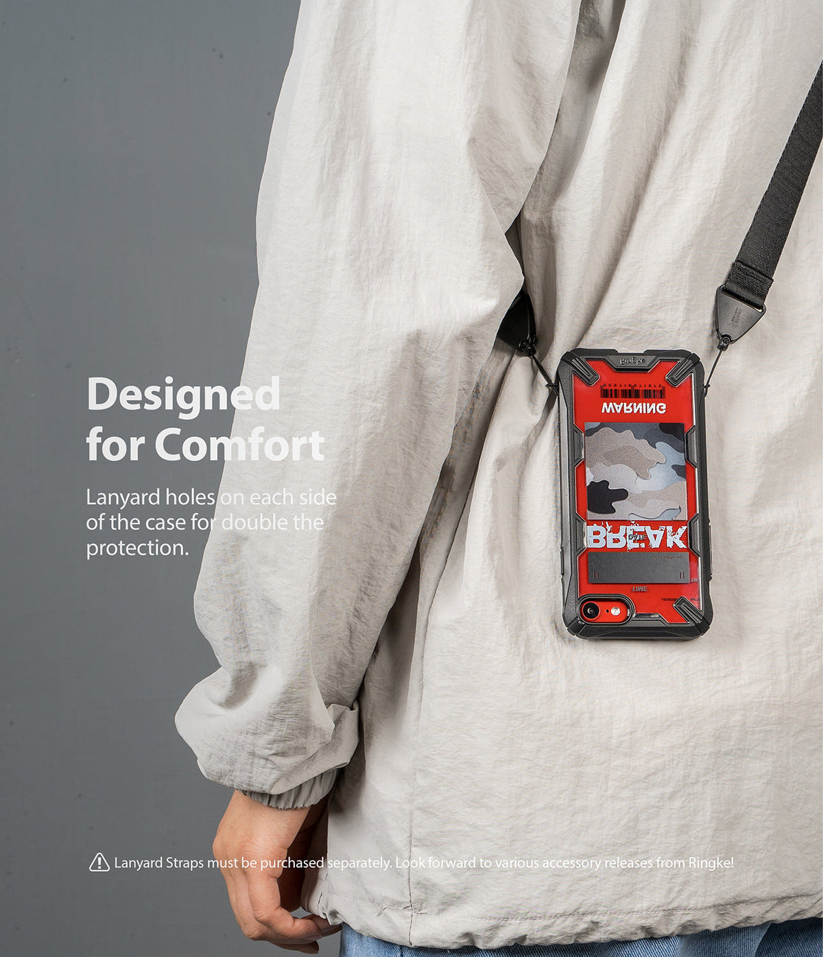 iPhone SE 2022 5G / SE 2020 / 8 Case | Fusion-X Design - iPhone SE 2022 5G / SE 2020 / 8 Case - Red camouflage phone case with lanyard holes worn as a crossbody strap.