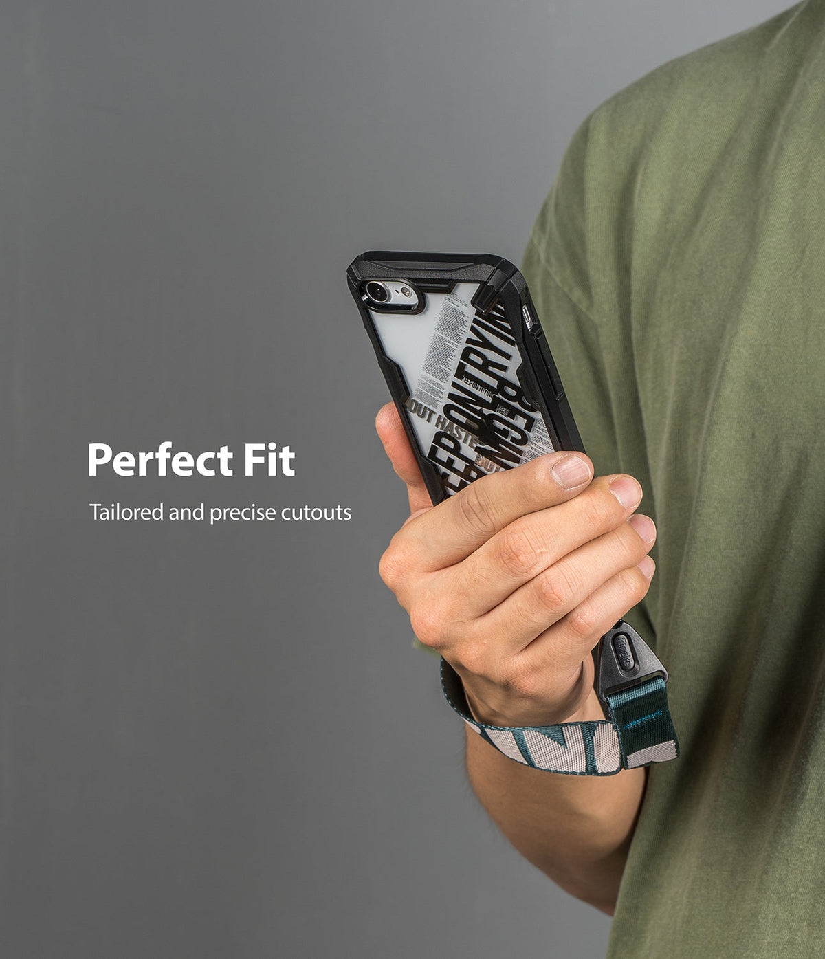 iPhone SE 2022 5G / SE 2020 / 8 Case | Fusion-X Design - Hand holding phone in a rugged case with a patterned wrist strap.