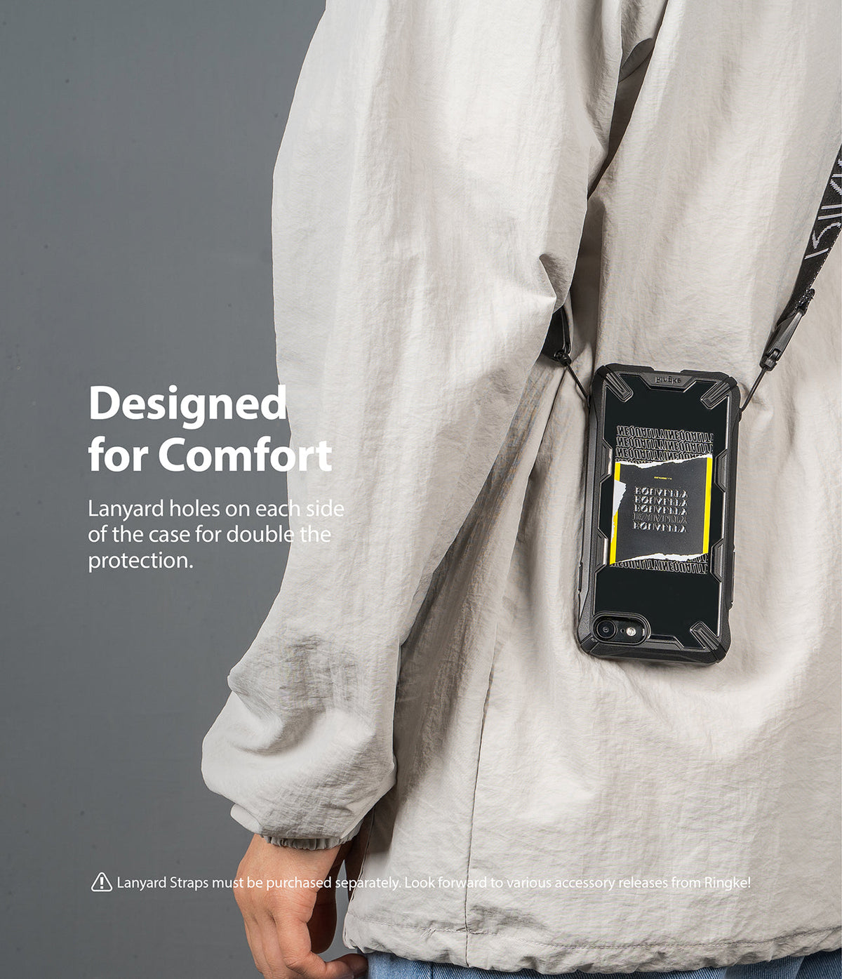 iPhone SE 2022 5G / SE 2020 / 8 Case | Fusion-X Design - Phone in rugged black case hanging from a lanyard around a person.