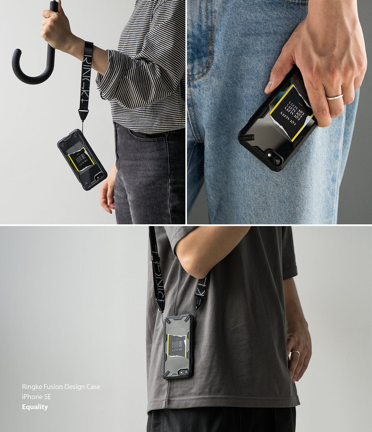 iPhone SE 2022 5G / SE 2020 / 8 Case | Fusion-X Design - Protective phone case with Equality graphic worn via wrist strap.