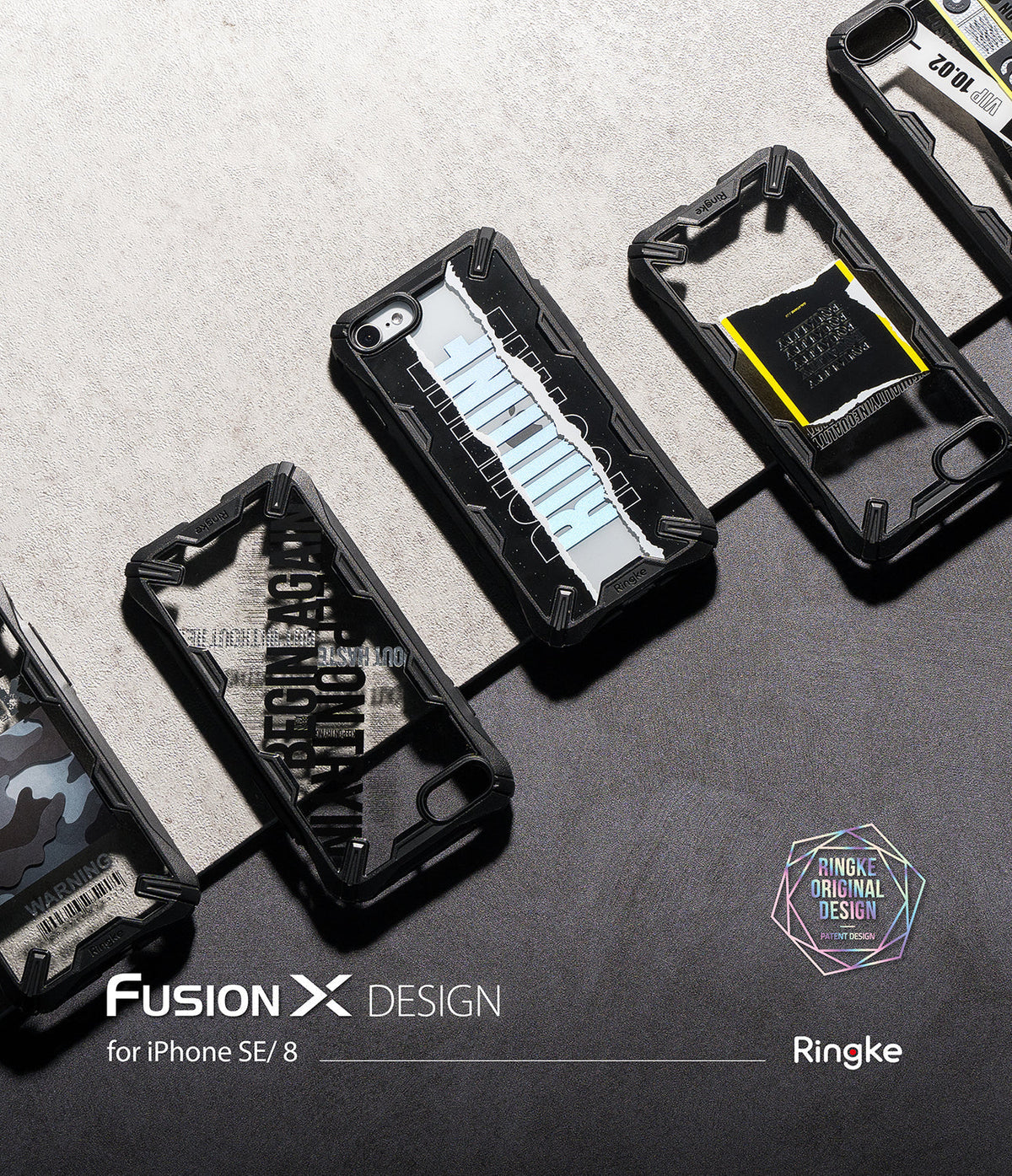 iPhone SE 2022 5G / SE 2020 / 8 Case | Fusion-X Design - Four rugged black phone cases with unique graphic inserts.
