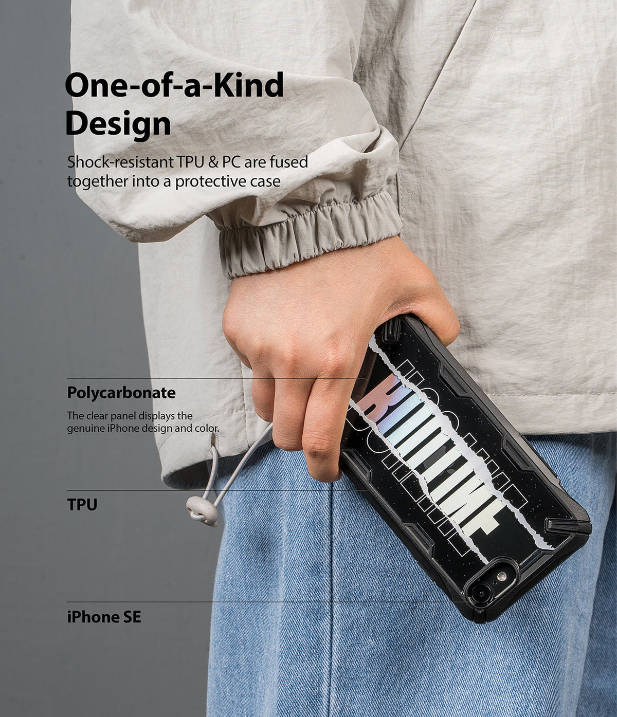 iPhone SE 2022 5G / SE 2020 / 8 Case | Fusion-X Design - Hand holding a rugged black phone case with graphic text.