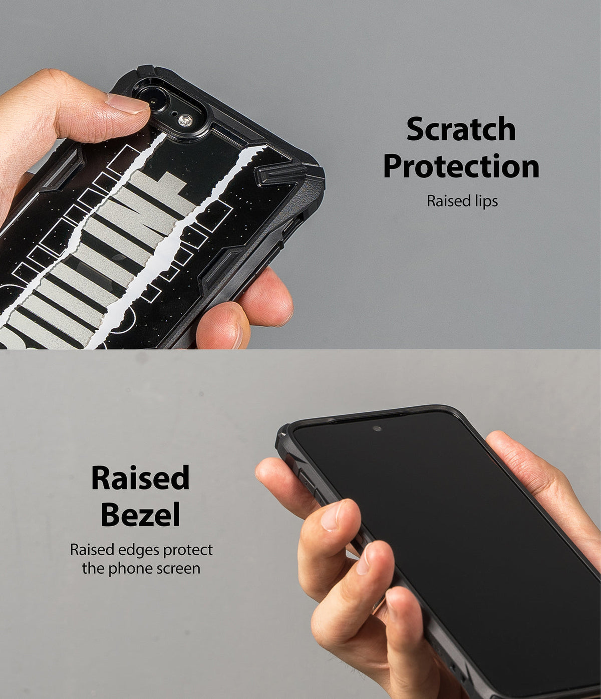iPhone SE 2022 5G / SE 2020 / 8 Case | Fusion-X Design - Rugged black phone case showing raised lips for scratch protection.