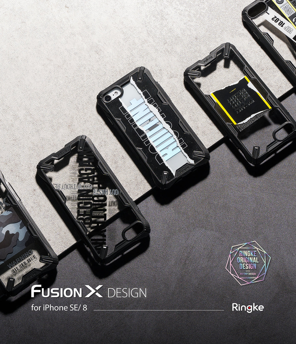 iPhone SE 2022 5G / SE 2020 / 8 Case | Fusion-X Design - Four rugged black smartphone cases with unique graphic inserts.