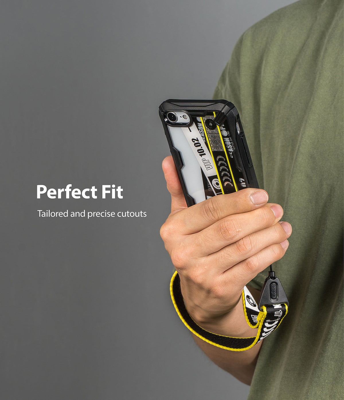 iPhone SE 2022 5G / SE 2020 / 8 Case | Fusion-X Design - Hand holding a phone with a graphic cassette tape case and wrist strap.