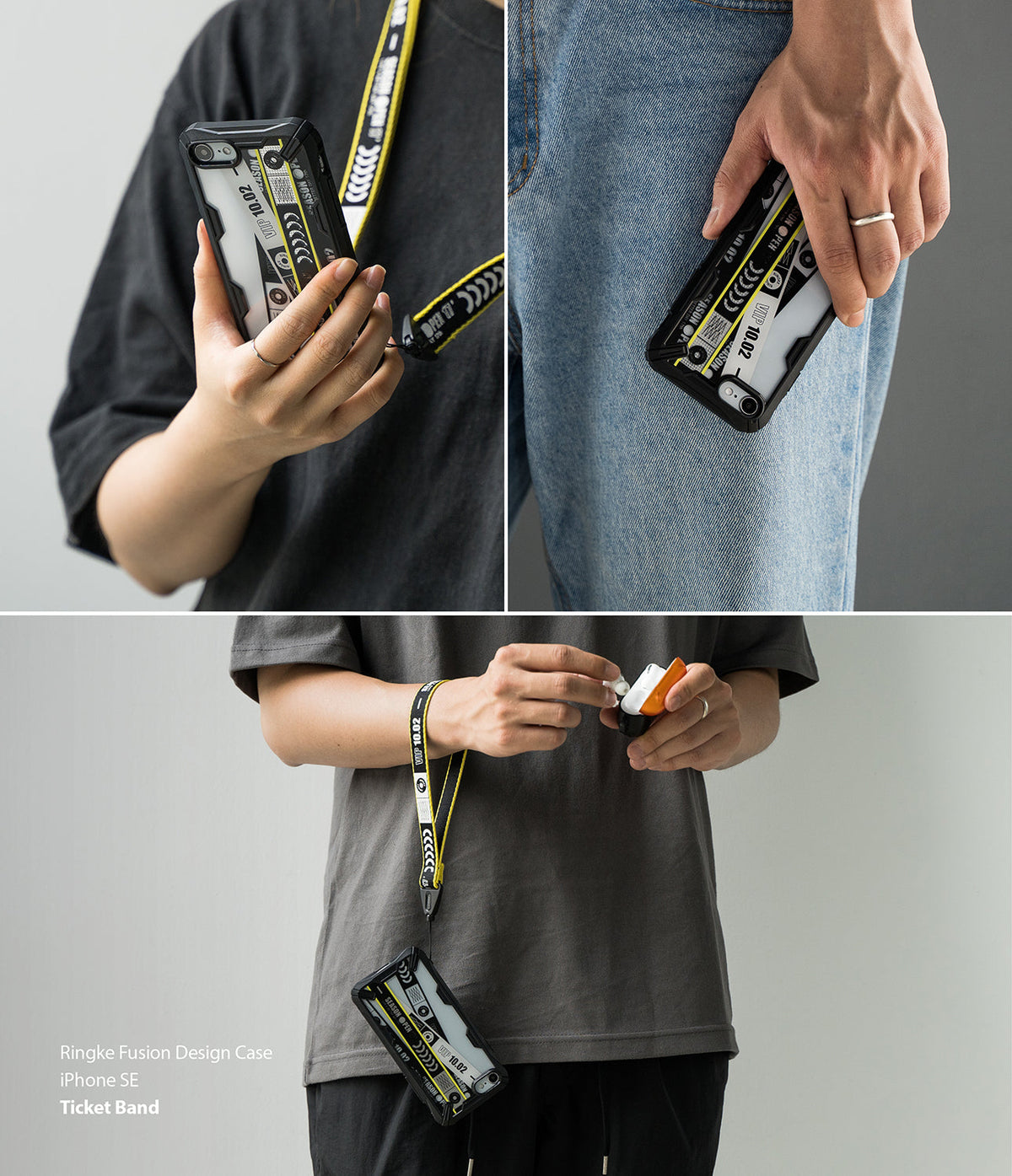 iPhone SE 2022 5G / SE 2020 / 8 Case | Fusion-X Design - Protective phone case with a ticket-themed design and yellow lanyard.