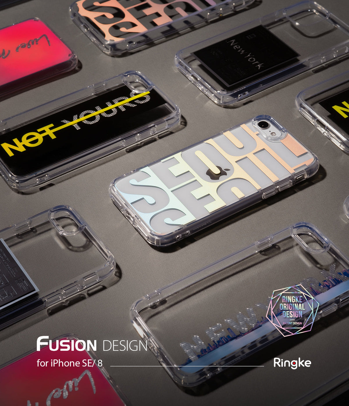 iPhone SE 2022 5G / SE 2020 Case | Fusion Design - Assorted clear phone cases with graphic designs arranged on a gray surface.