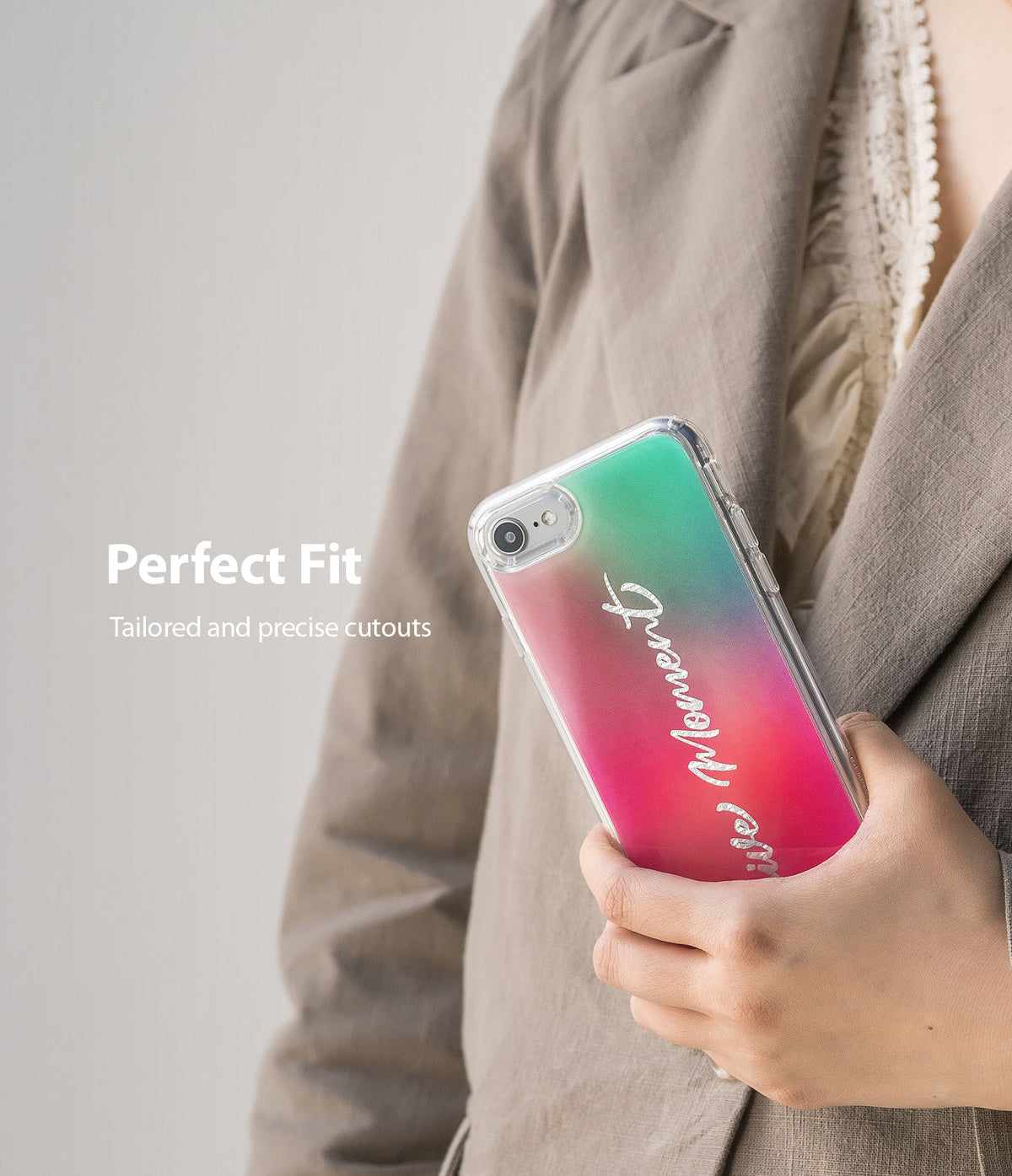 iPhone SE 2022 5G / SE 2020 Case | Fusion Design - iPhone SE 2022 5G / SE 2020 Case - A hand holds a phone with a green-to-pink gradient case featuring the text "Live Moment".
