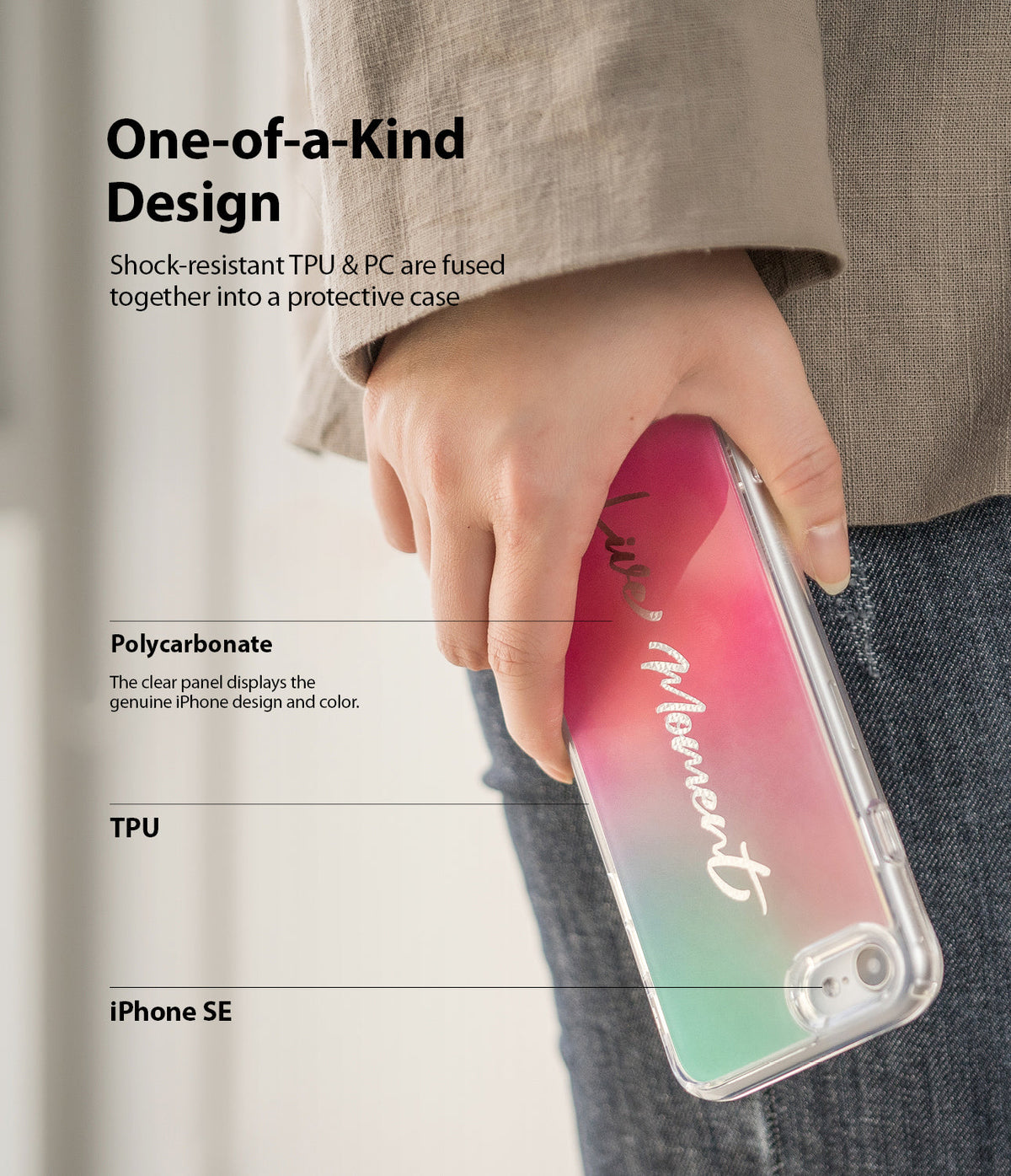 iPhone SE 2022 5G / SE 2020 Case | Fusion Design - Hand holding a phone case with a pink-to-green gradient and text.