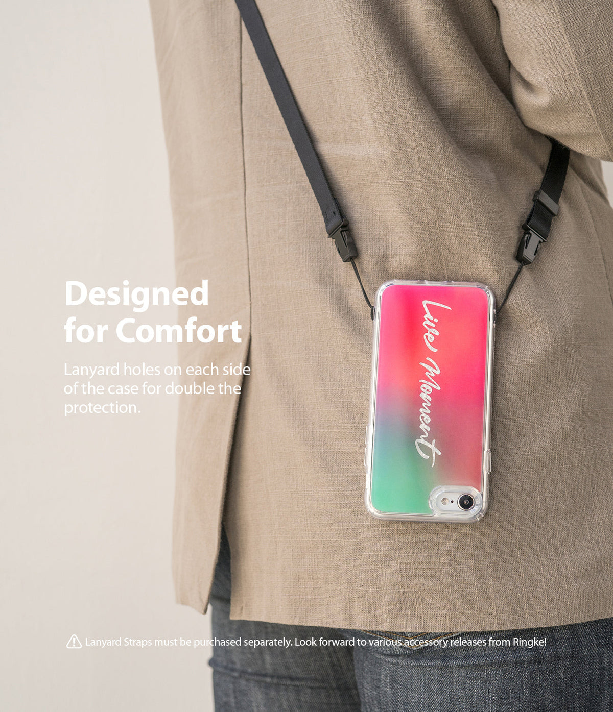 iPhone SE 2022 5G / SE 2020 Case | Fusion Design - Phone case with gradient design and lanyard strap worn over a blazer.