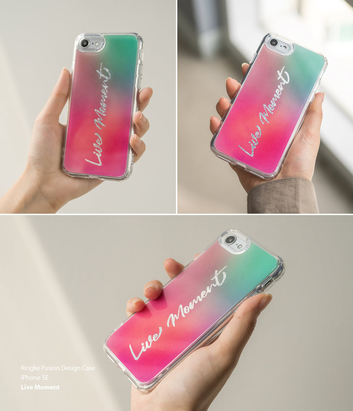 iPhone SE 2022 5G / SE 2020 Case | Fusion Design - Clear phone case with pink-to-green gradient and Live Moment text.