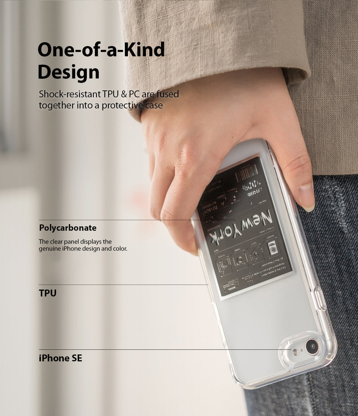 iPhone SE 2022 5G / SE 2020 Case | Fusion Design - Hand holding a clear iPhone SE case with a New York graphic insert.