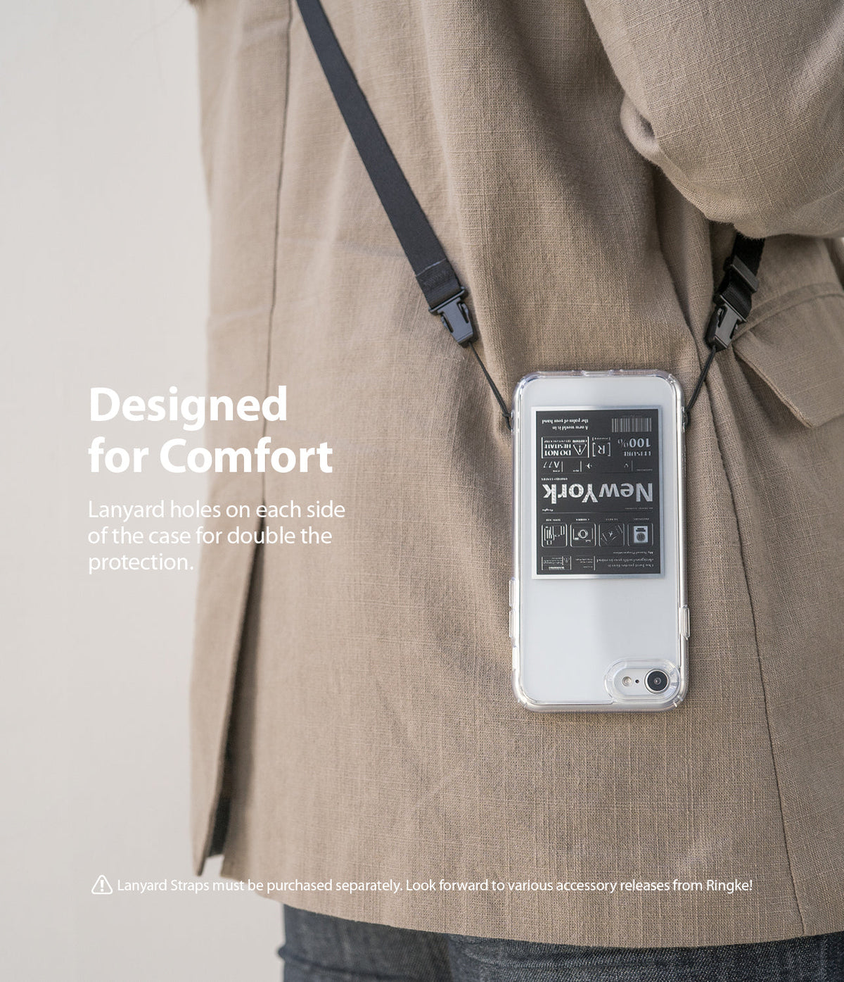 iPhone SE 2022 5G / SE 2020 Case | Fusion Design - Phone in a clear case with a lanyard attached, worn over a beige jacket.