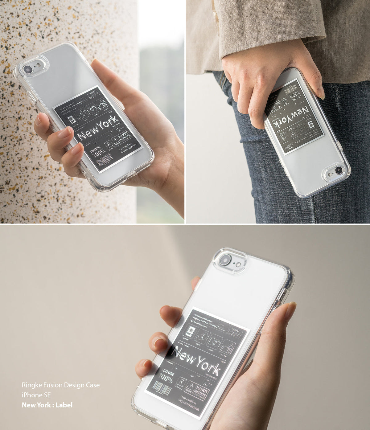 iPhone SE 2022 5G / SE 2020 Case | Fusion Design - Clear phone case with a New York label graphic held in a hand.
