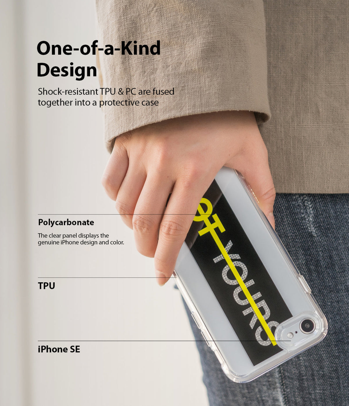 iPhone SE 2022 5G / SE 2020 Case | Fusion Design - Hand holding a clear iPhone SE case with a black and yellow graphic.