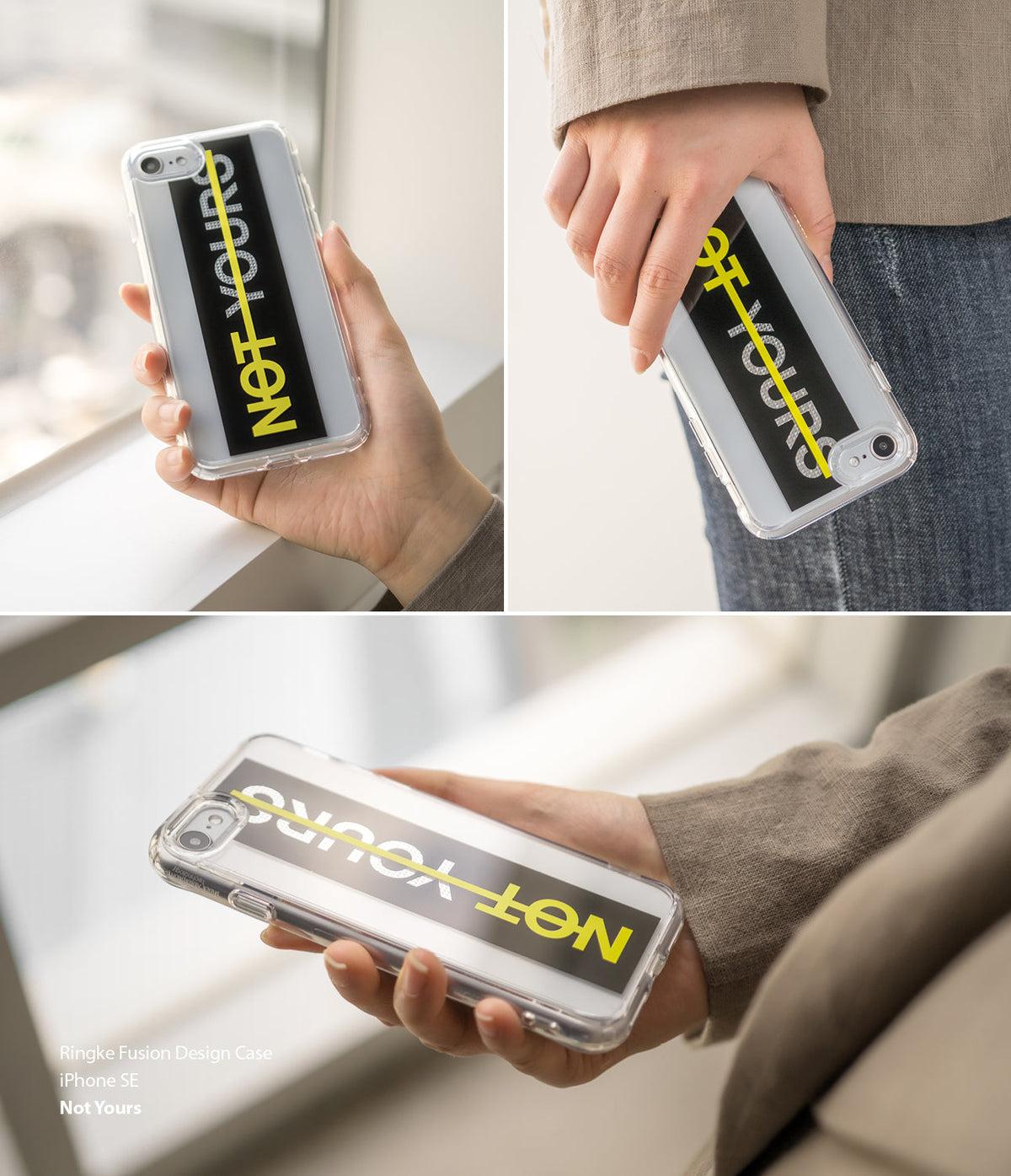 iPhone SE 2022 5G / SE 2020 Case | Fusion Design - Clear phone case with a black stripe and yellow NOT YOURS text.