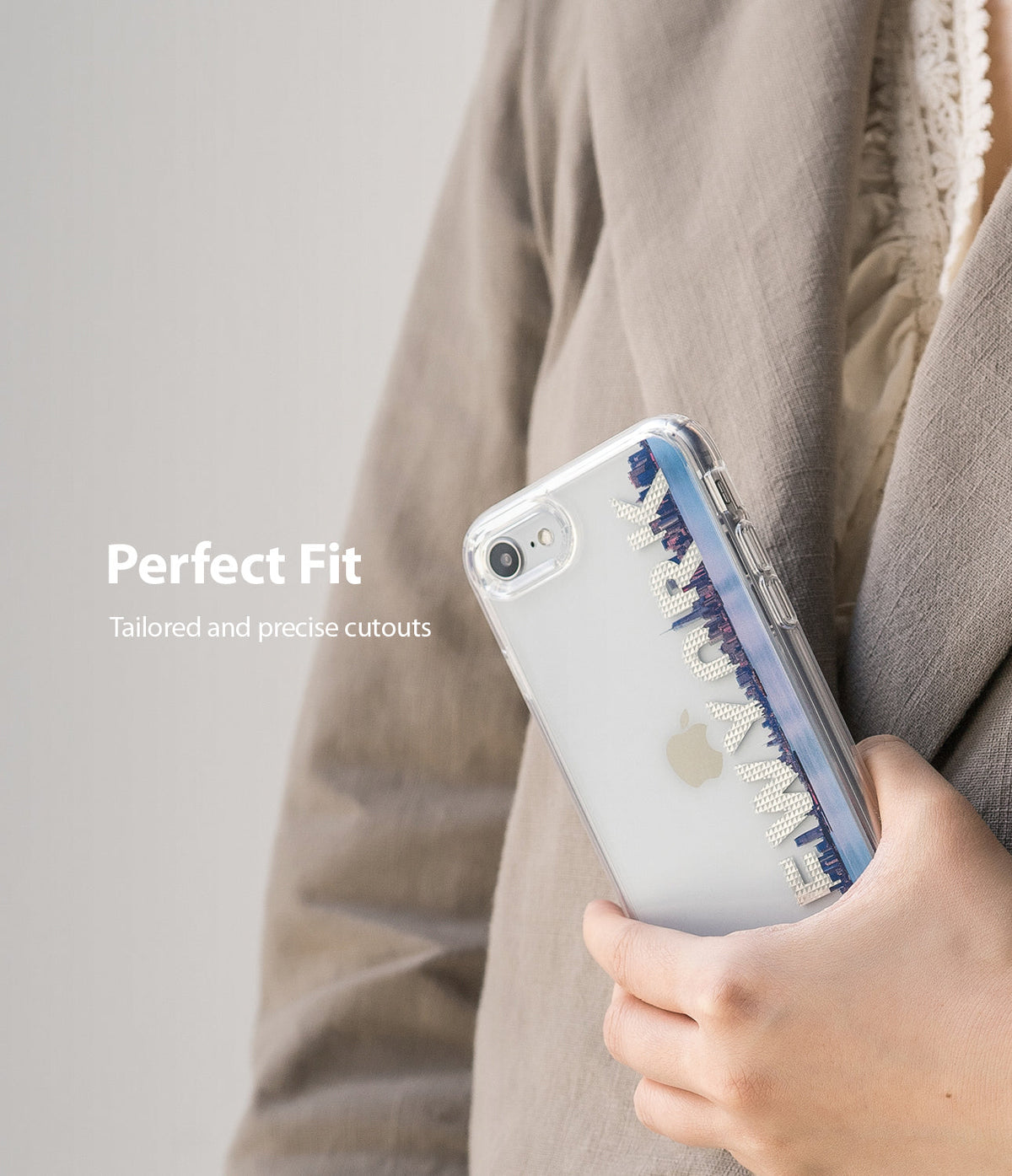iPhone SE 2022 5G / SE 2020 Case | Fusion Design - Person holding an iPhone SE with a clear case featuring a New York skyline graphic.