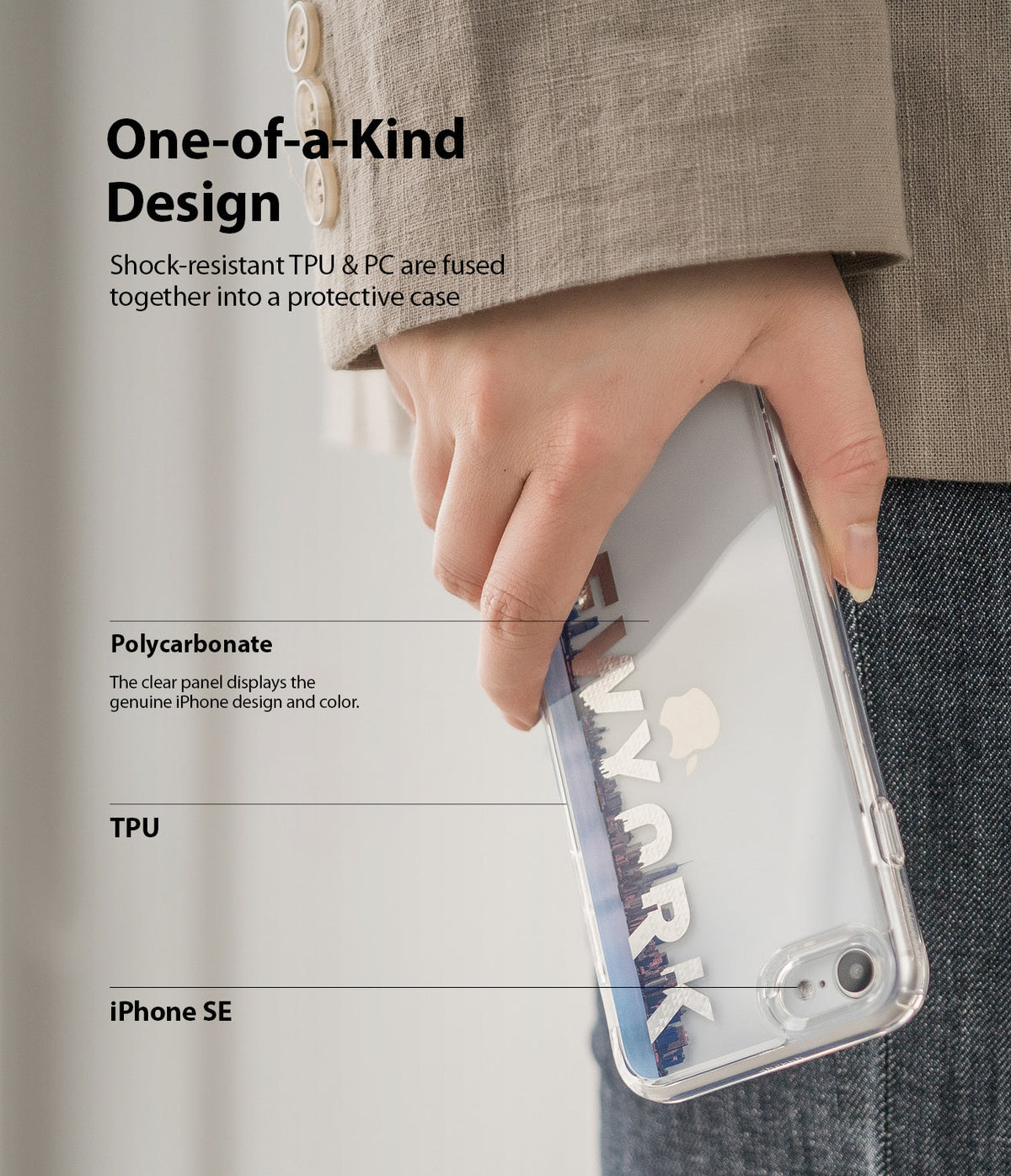 iPhone SE 2022 5G / SE 2020 Case | Fusion Design - Hand holding a clear iPhone SE case with a New York skyline graphic.