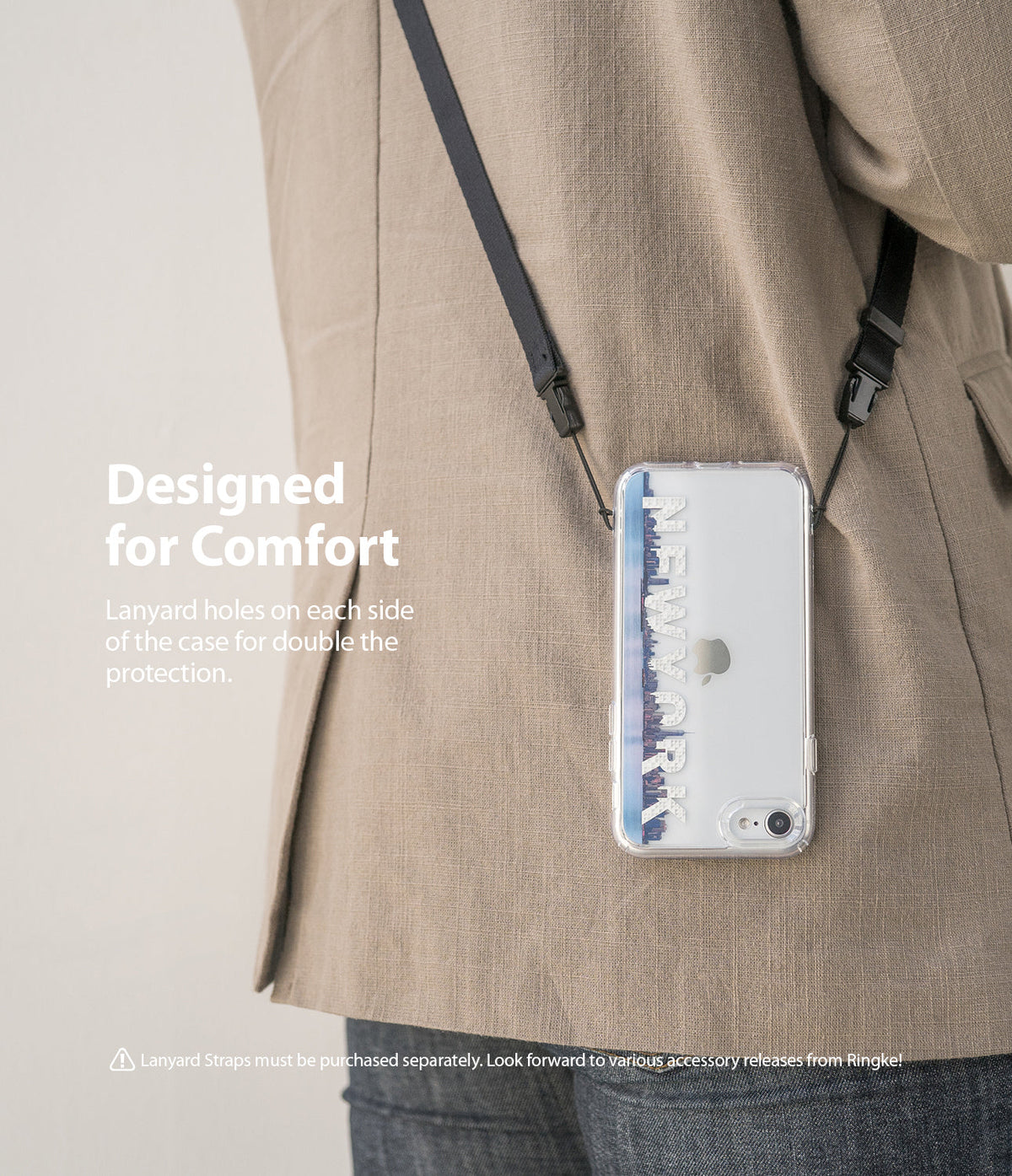 iPhone SE 2022 5G / SE 2020 Case | Fusion Design - Clear phone case with New York skyline graphic worn on a lanyard strap.