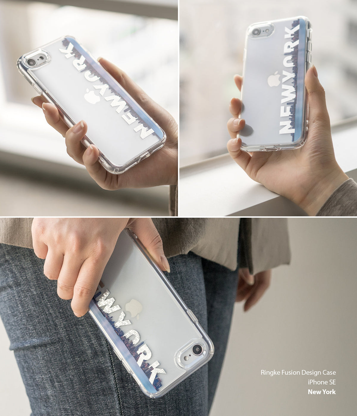 iPhone SE 2022 5G / SE 2020 Case | Fusion Design - Clear phone case with New York skyline text held in hand.