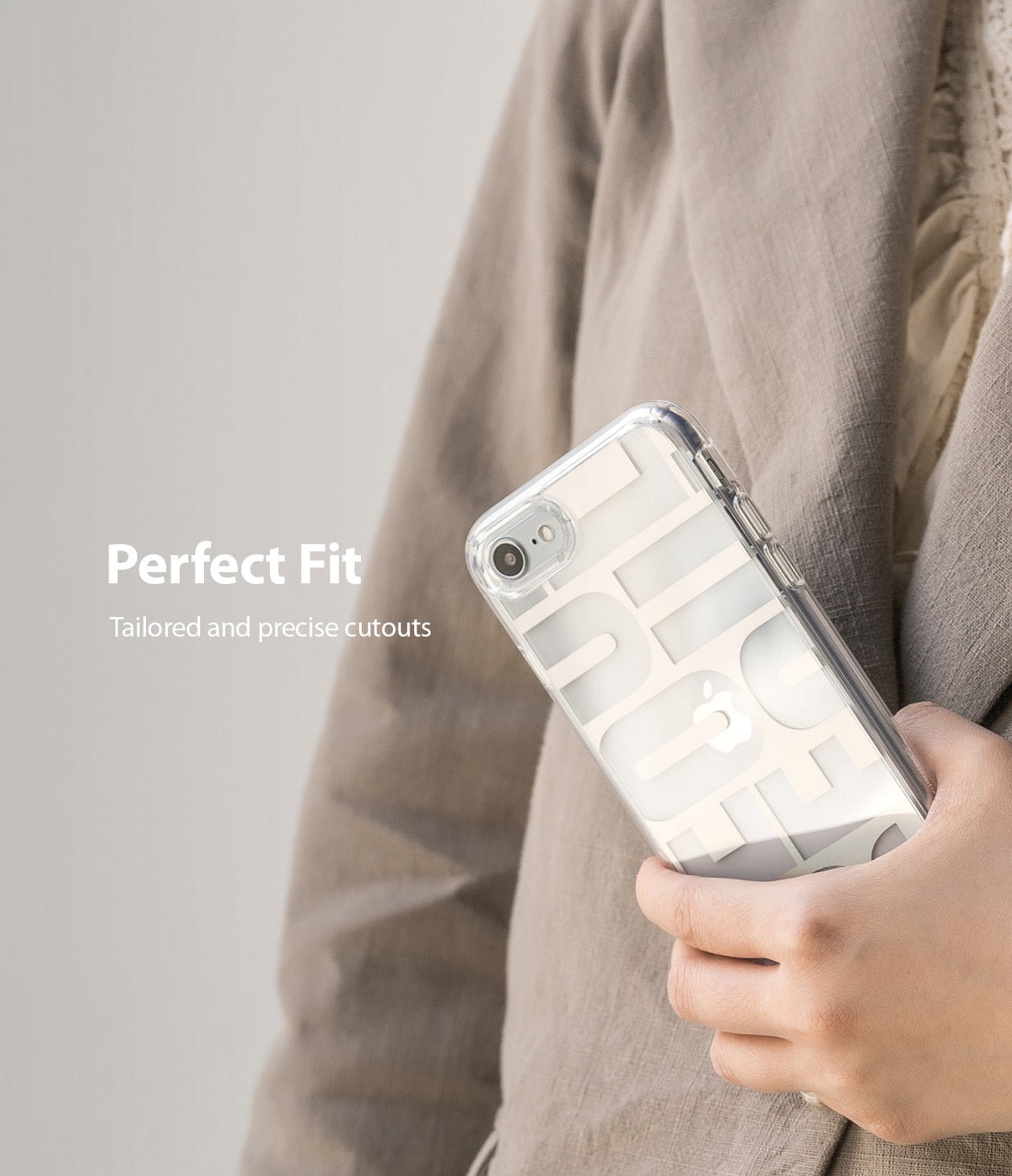 iPhone SE 2022 5G / SE 2020 Case | Fusion Design - Hand holding a clear phone case with white graphic text over an iPhone.