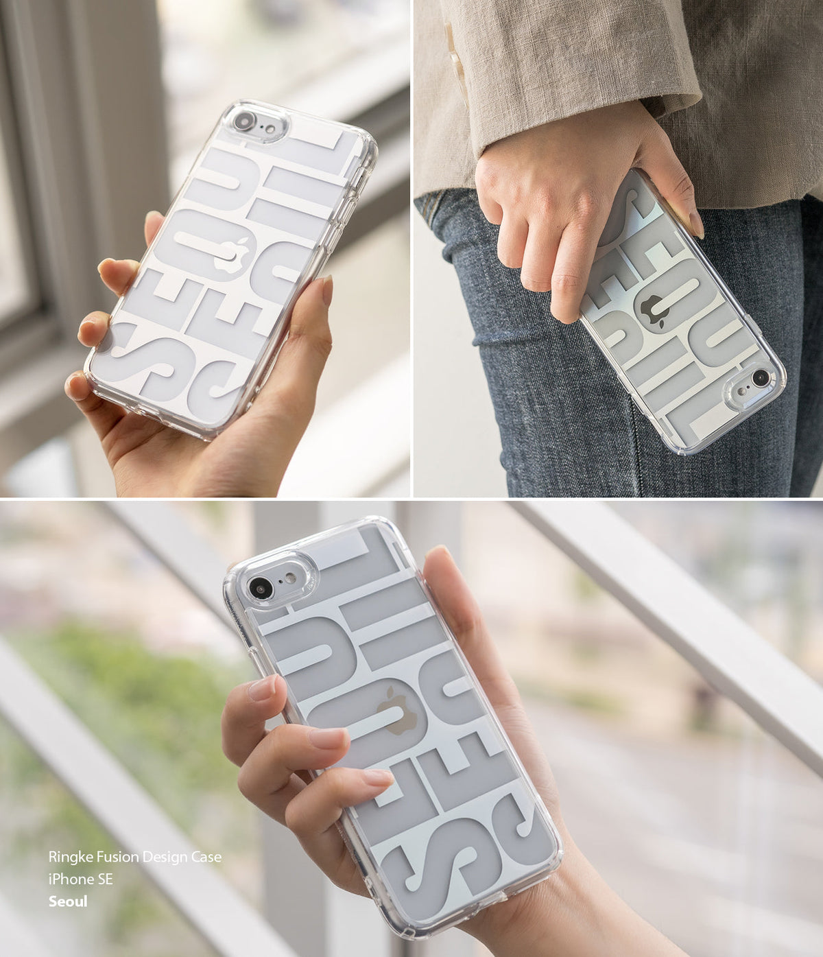 iPhone SE 2022 5G / SE 2020 Case | Fusion Design - Clear phone case with bold SEOUL lettering held in a person's hand.