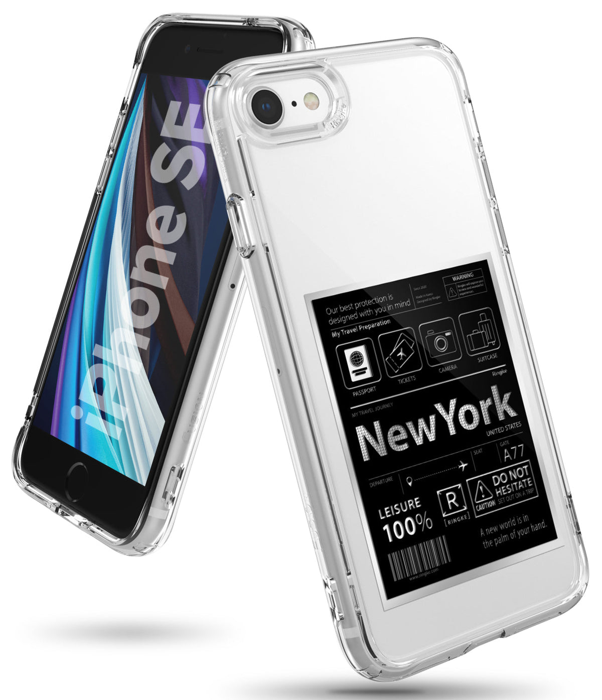 iPhone SE 2022 5G / SE 2020 Case | Fusion Design - Clear phone case with a New York travel-themed graphic on the back.