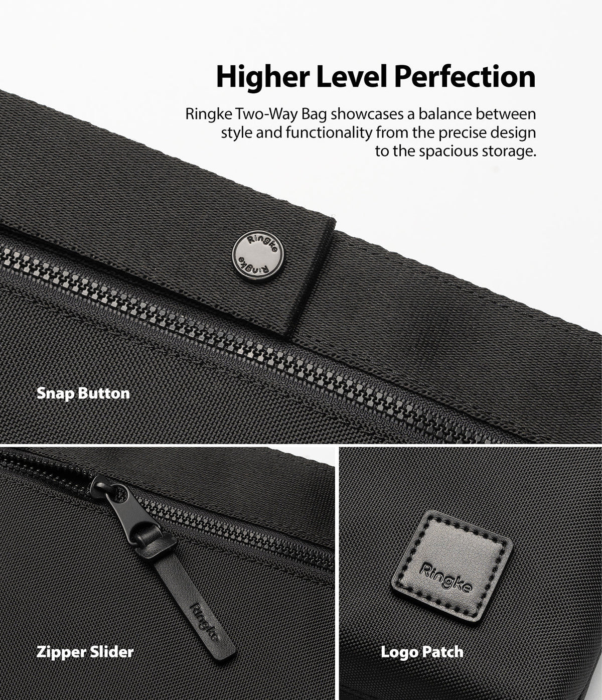 2-Way Bag - Close-up of black bag details including a branded snap button, zipper slider, and stitched logo patch.