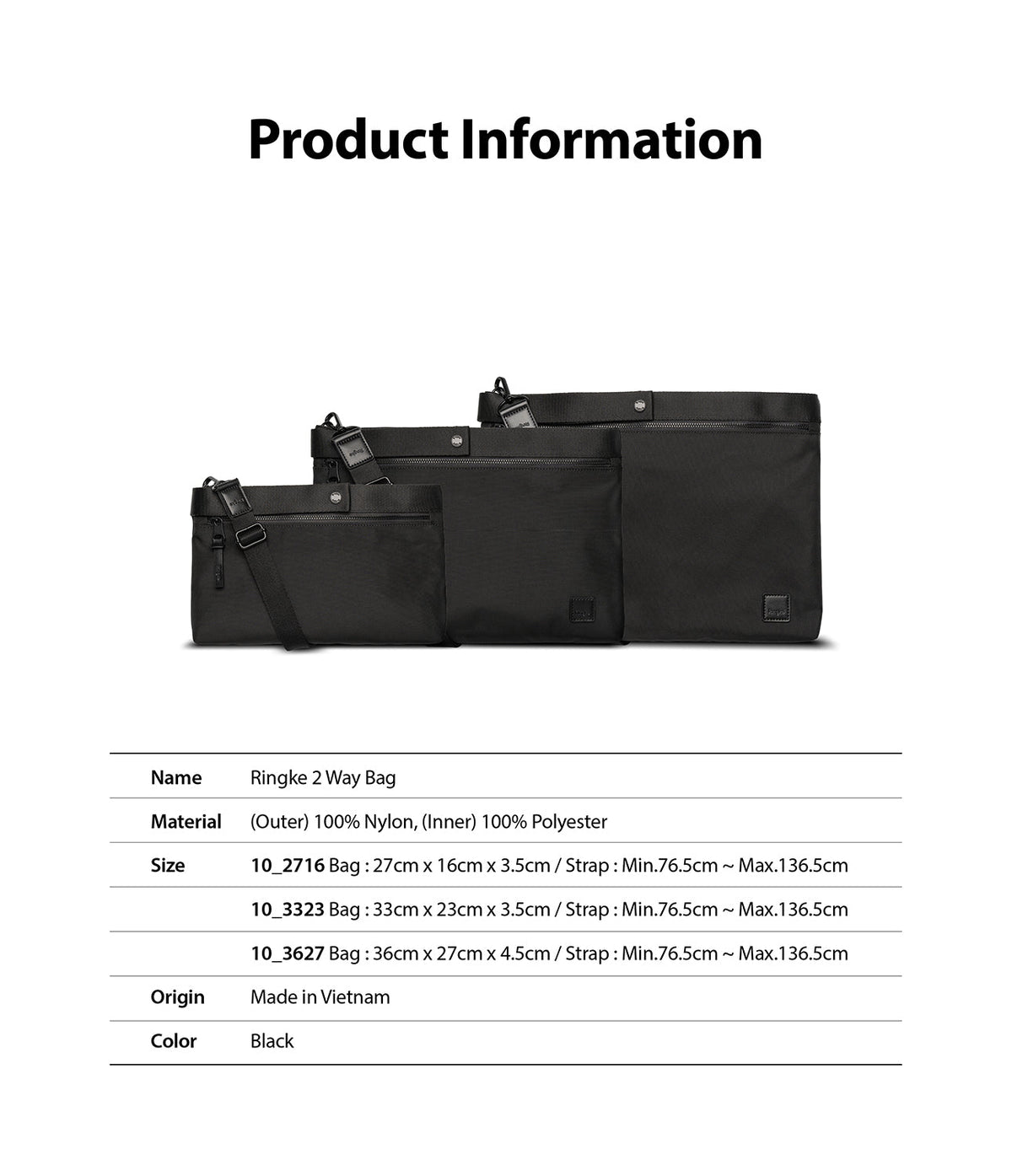 2-Way Bag - Three black nylon bags of varying sizes with adjustable straps and product specification table below.