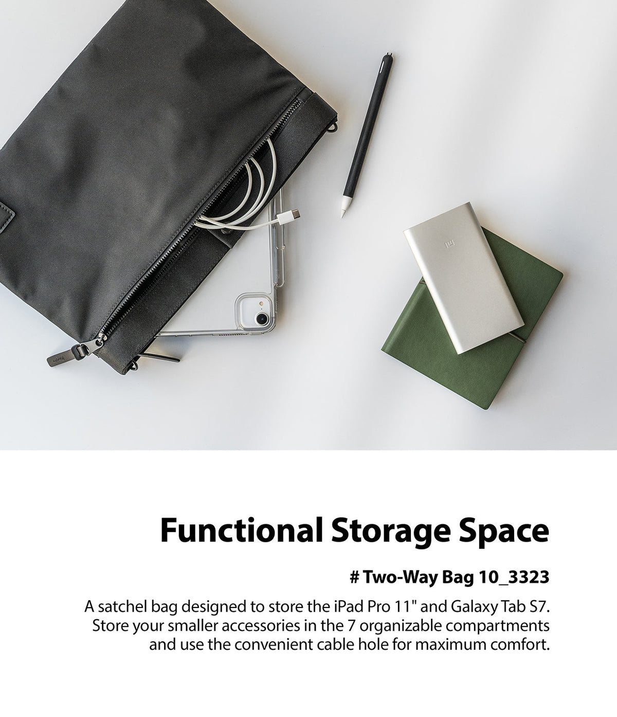 2-Way Bag - A black bag containing a tablet and cables, with a stylus, power bank, and notebook on a white surface.