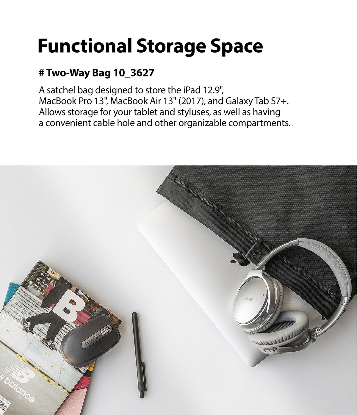 2-Way Bag - A black bag containing a laptop, headphones, mouse, and pen on a white surface with a magazine.