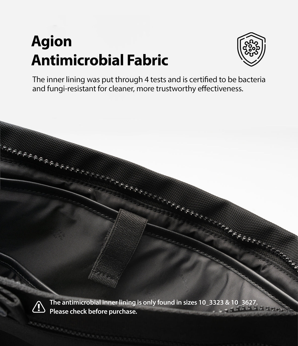 2-Way Bag - Close-up of black bag interior with text explaining Agion antimicrobial fabric and specific size availability.