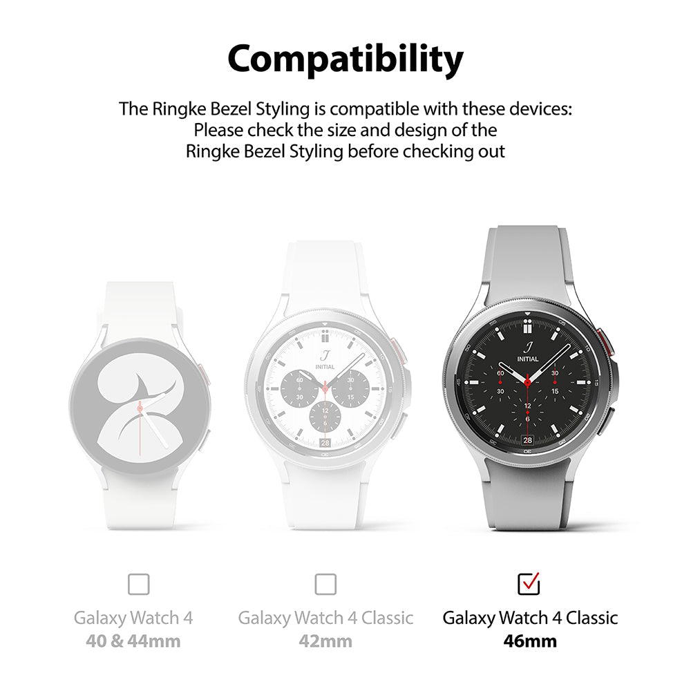Galaxy Watch 4 Classic 46mm | Bezel Styling - Galaxy Watch 4 Classic 46mm - Compatibility chart showing three watch models with a checkmark on the 46mm version.