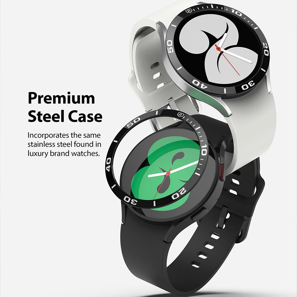Galaxy Watch 5/4 40mm | Bezel Styling - Two smartwatches with black stainless steel bezel rings and white and black bands.