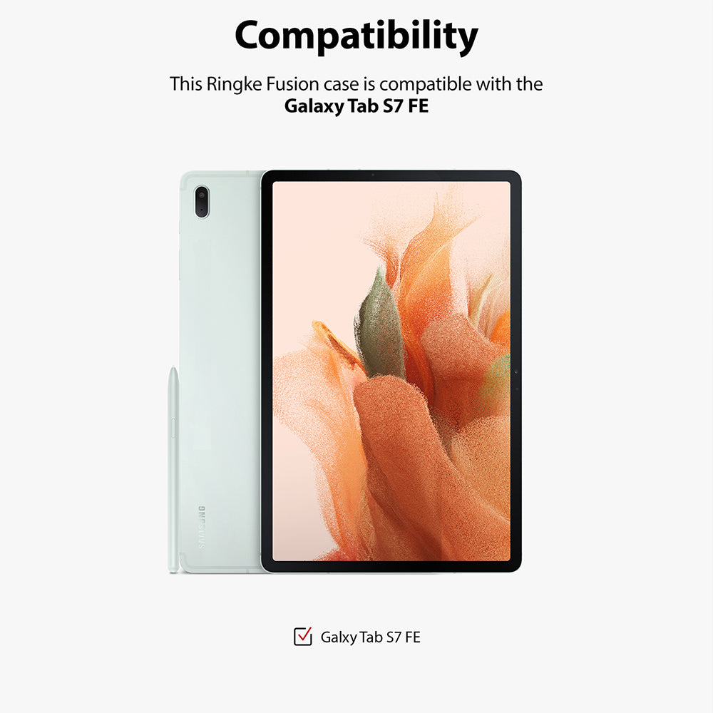 Galaxy Tab S7 FE Case | Fusion - A light green tablet with a stylus, shown from front and back to display compatibility.