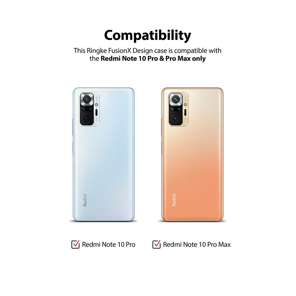 Redmi Note 10 Pro / 10 Pro Max Case | Fusion-X Design - Redmi Note 10 Pro / 10 Pro Max Case - Compatibility chart showing blue and gold Redmi Note 10 Pro and Pro Max phones.