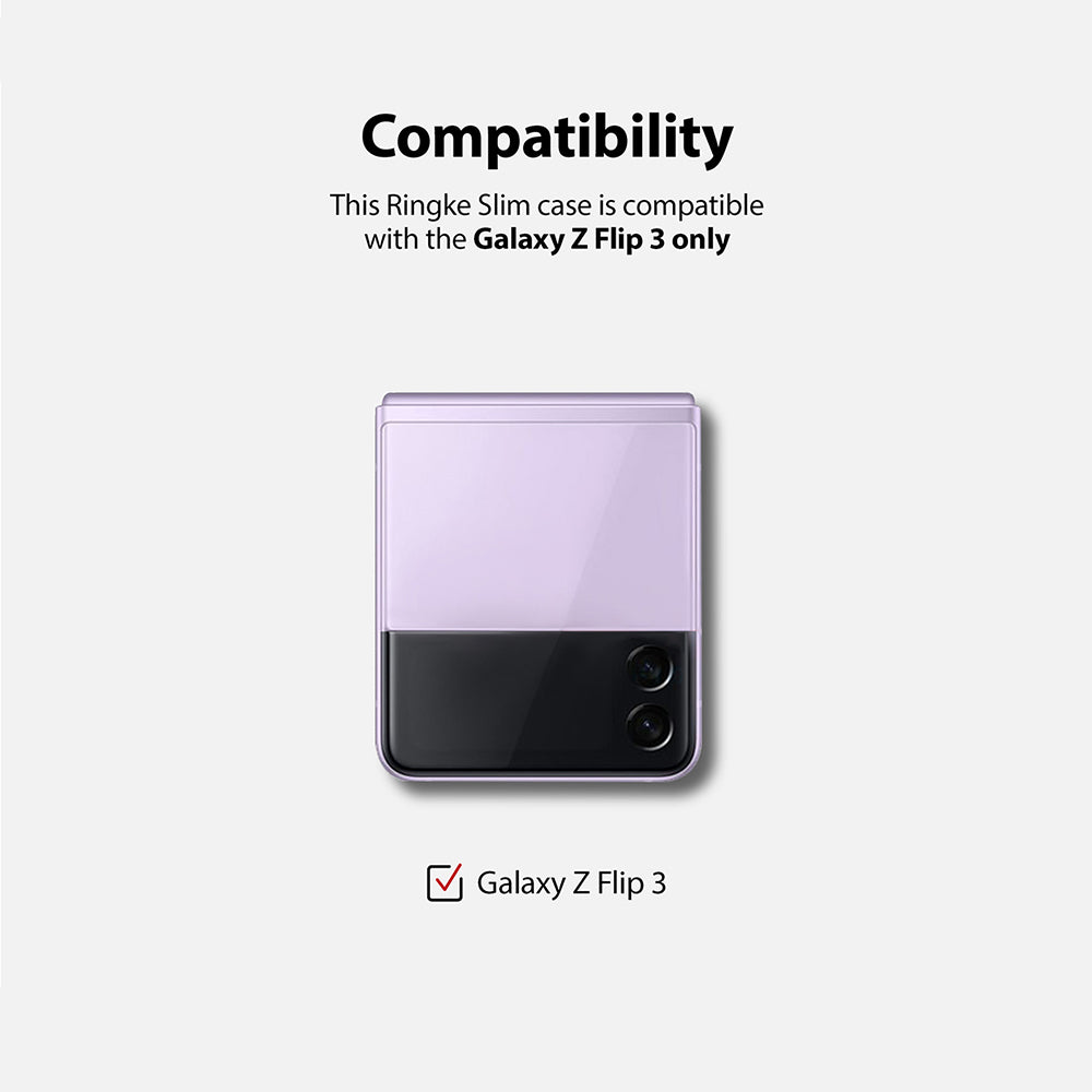 Galaxy Z Flip 3 Case | Slim - Compatibility text above a light purple Galaxy Z Flip 3 phone with a checkmark icon below.