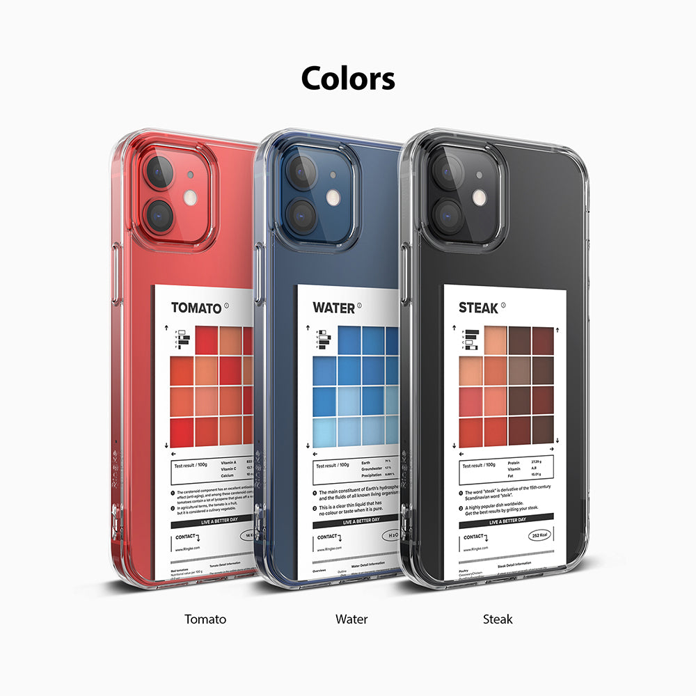iPhone 12 / 12 Pro Case | Fusion Design Palette - Three clear iPhone cases with Tomato, Water, and Steak themed inserts.