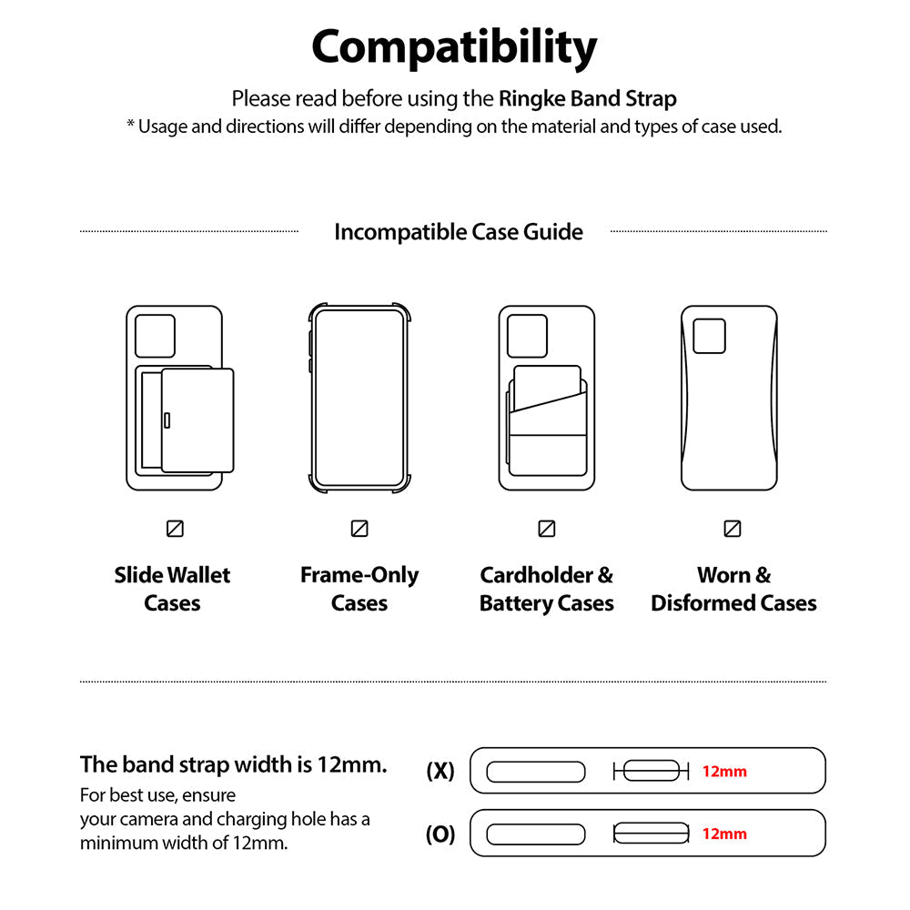 Ring Band Strap - Compatibility guide showing incompatible phone case types and a 12mm minimum strap width requirement.