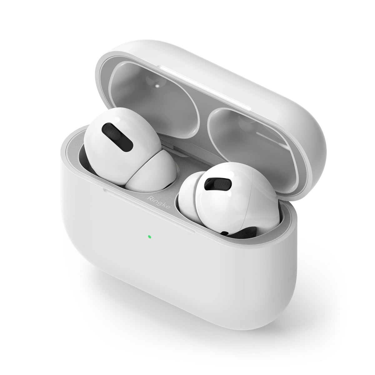 Ringke Airpods Pro Dust Guard Sticker - White AirPods Pro case with a metallic dust guard sticker installed.