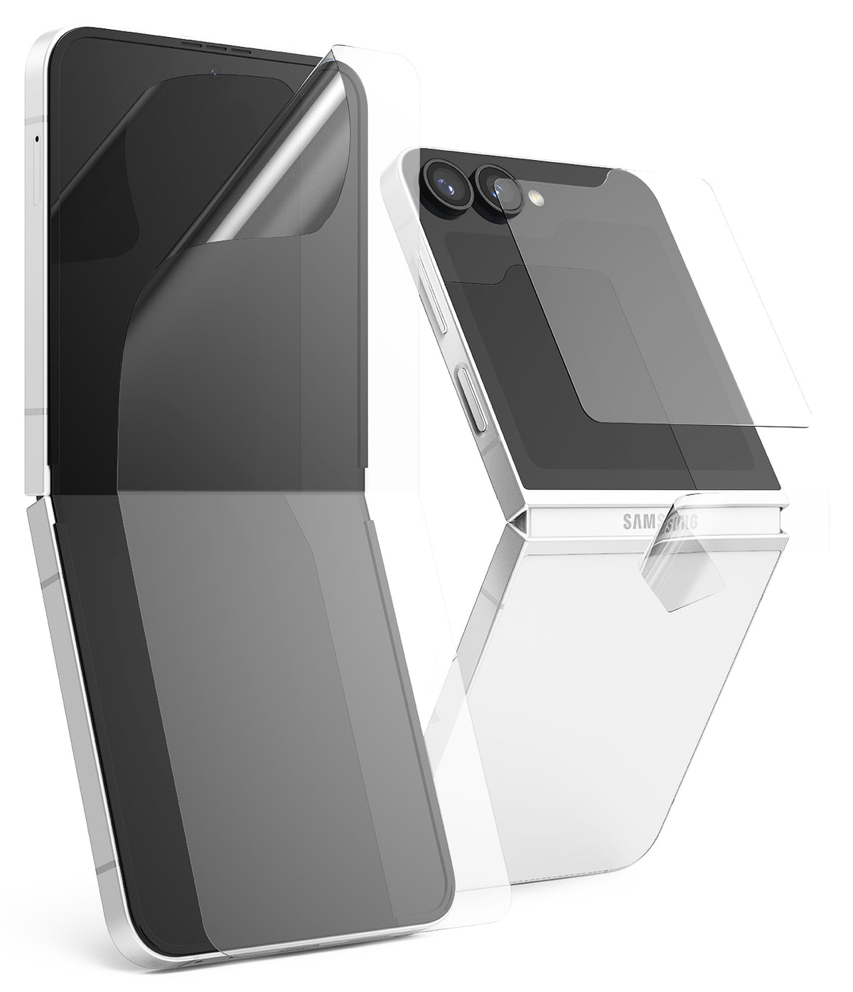 Galaxy Z Flip 7 FE | 3-in-1 Protector - Foldable phone with clear screen, hinge, and camera lens protectors being applied.