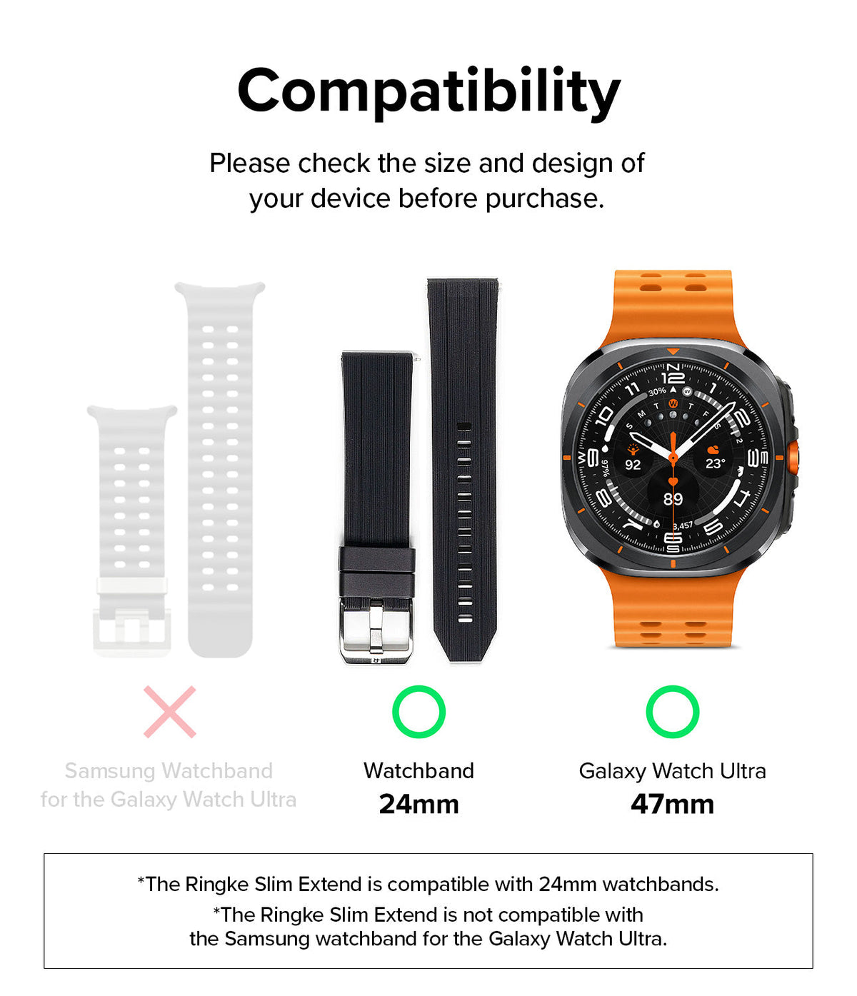 Galaxy Watch Ultra | Slim Extend & Glass - Compatibility chart showing 24mm bands and Galaxy Watch Ultra are compatible.