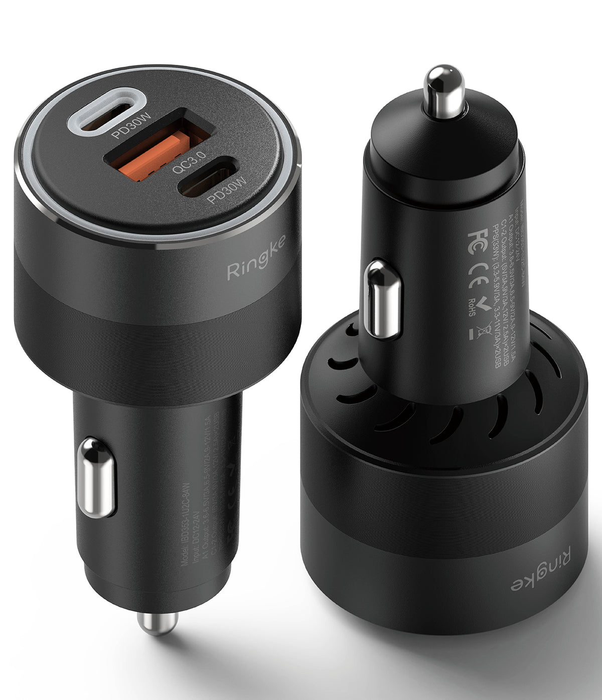 Ringke 3-Port Car Fast Charger - Two black car chargers with three ports, including USB-C and USB-A, labeled PD30W and QC3.0.