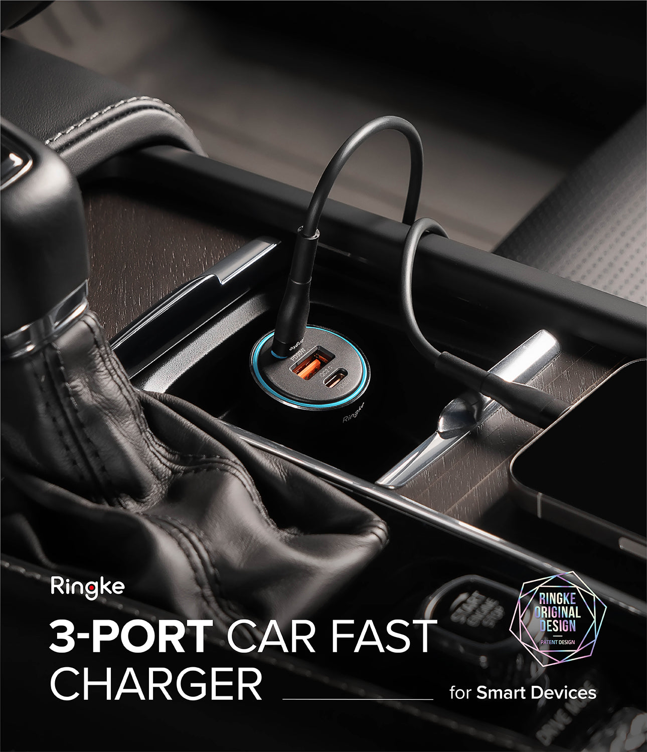 Ringke 3-Port Car Fast Charger - A black 3-port car charger plugged into a vehicle console with a charging cable connected.