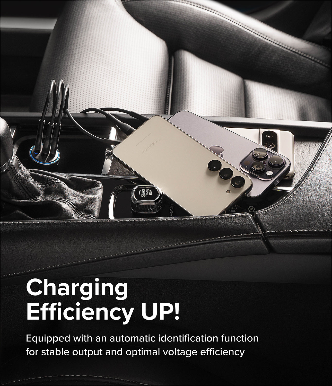 Ringke 3-Port Car Fast Charger - Three smartphones charging via cables connected to a car console port.