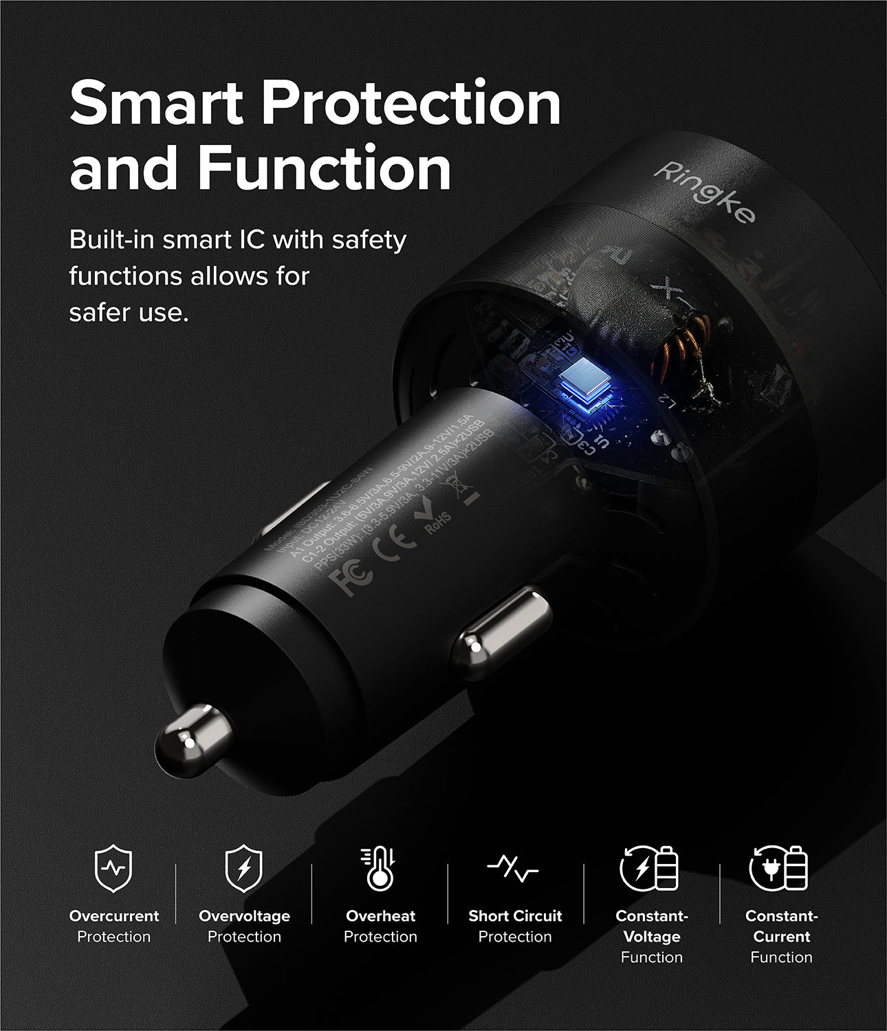 Ringke 3-Port Car Fast Charger - Close-up of car charger with glowing internal smart chip and safety feature icons.